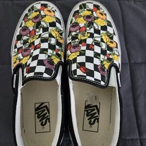 Vans Black and White Floral Slip-Ons